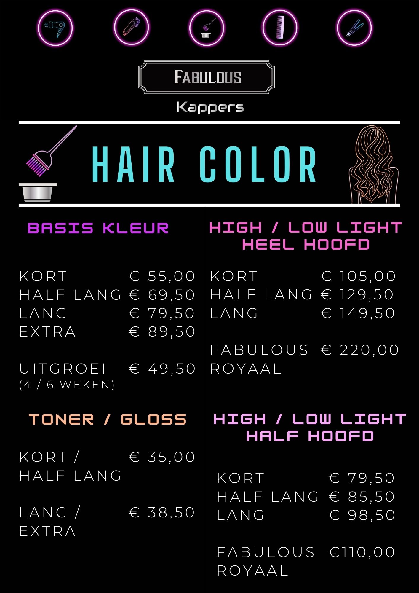 prijslijst haircolor 2025